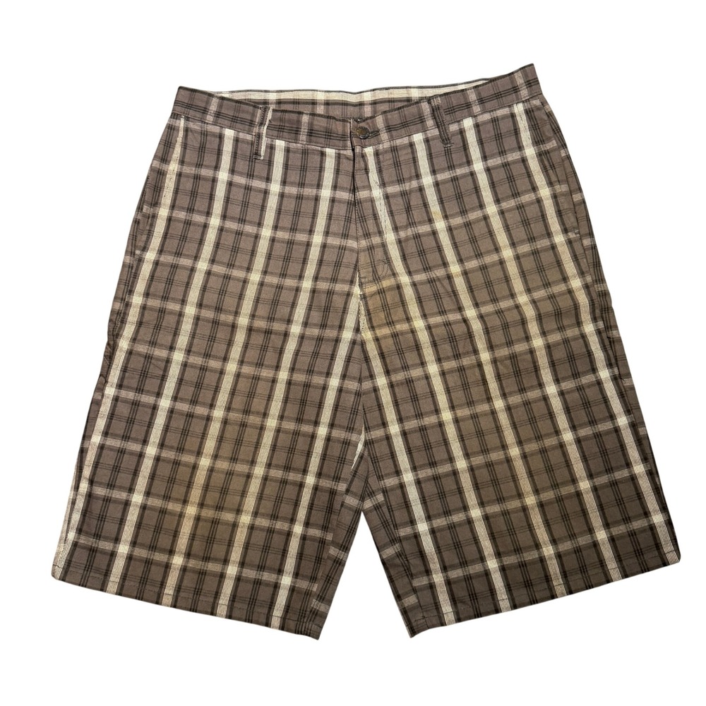 Dickies Plaid Shorts Mens 34 Brown White Flat Front Skater Utility Carpenter